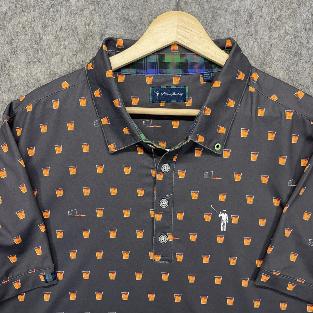 William Murray Golf Polo Shirt Men Large Geometric Alcohol Fireball Whiskey Shot